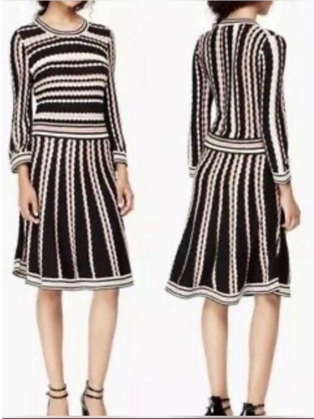 Kate Spade Fit Flare Cotton Cashmere Black Multi Color Stripe Sweater Dress XS